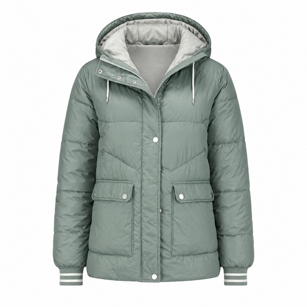 Women’s quilted hooded down jacket in green, zip-front with snap pockets