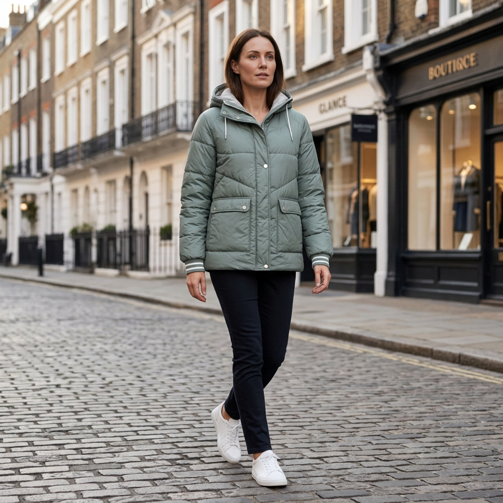 Women’s green quilted hooded down jacket, zip-front, worn with dark pants