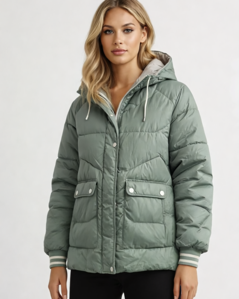 Women's green hooded quilted down jacket with drawcord, zip front and snap pockets