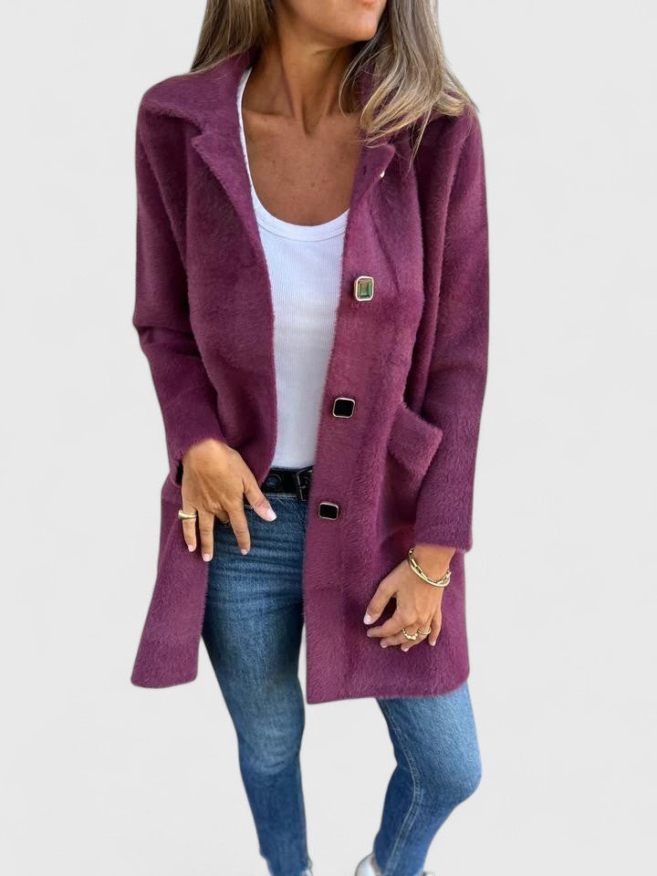 Purple suede-look button front coat with patch pockets, long sleeves, open collar