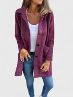 Purple suede-look button front coat with patch pockets, long sleeves, open collar