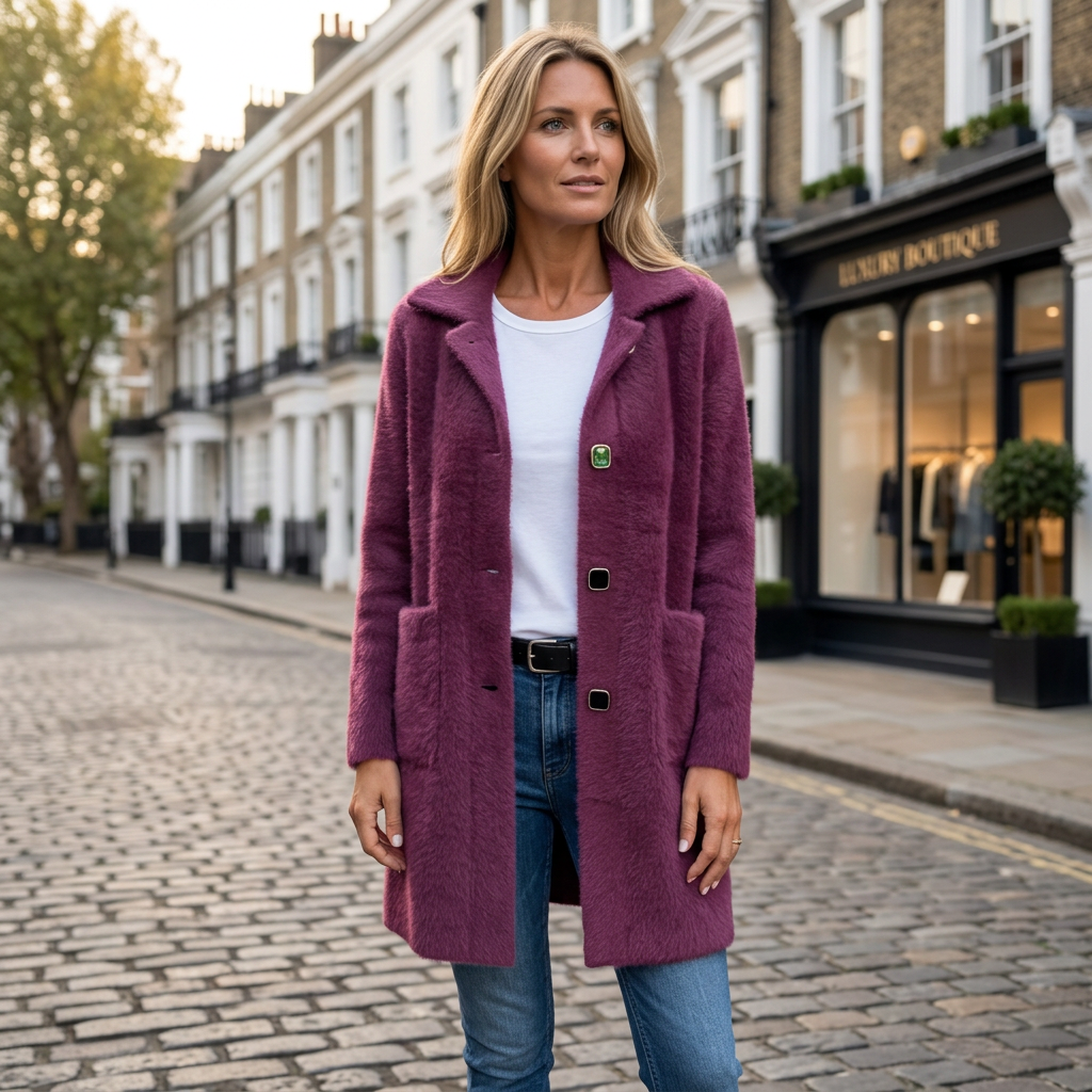 Women's purple tailored winter coat, button front, long sleeves, side pockets