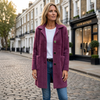Women's purple tailored winter coat, button front, long sleeves, side pockets