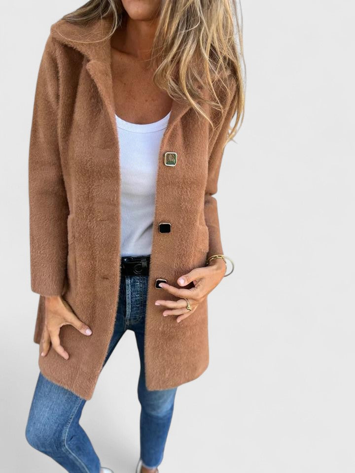 Brown suede-look coat with button front and patch pockets, long sleeves