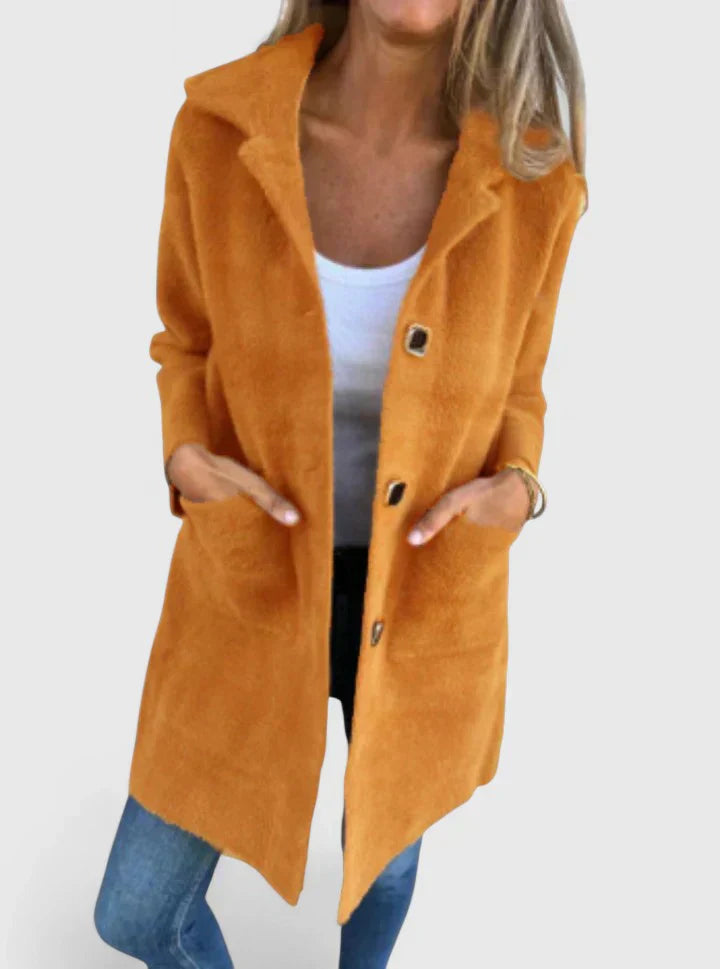 Orange suede-look coat with button front and patch pockets, long sleeves