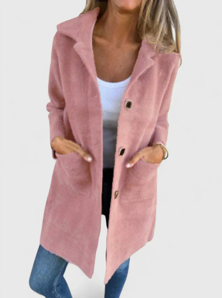 Pink suede-look coat with button front and two patch pockets, long sleeves