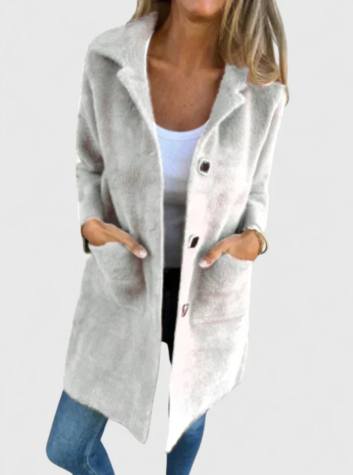 Gray suede-look coat with button front and patch pockets, open notch collar