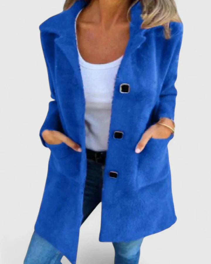Blue suede-look coat with button front and patch pockets, long sleeves