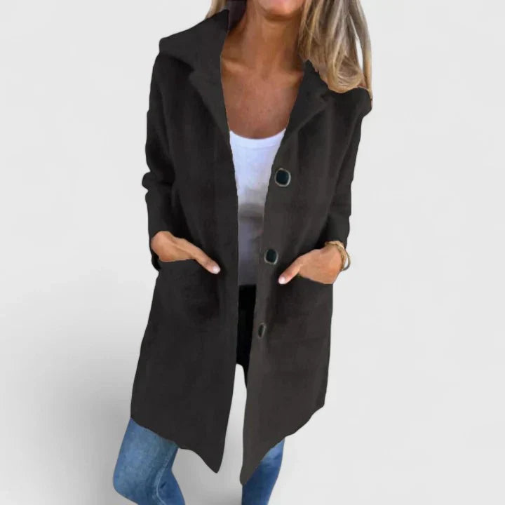 Black suede-look coat with button front and patch pockets, long sleeves
