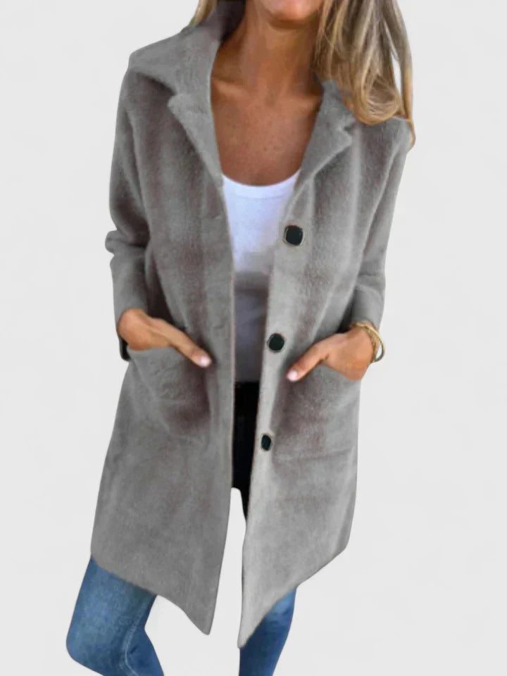 Light gray suede-look button front coat with patch pockets and open collar