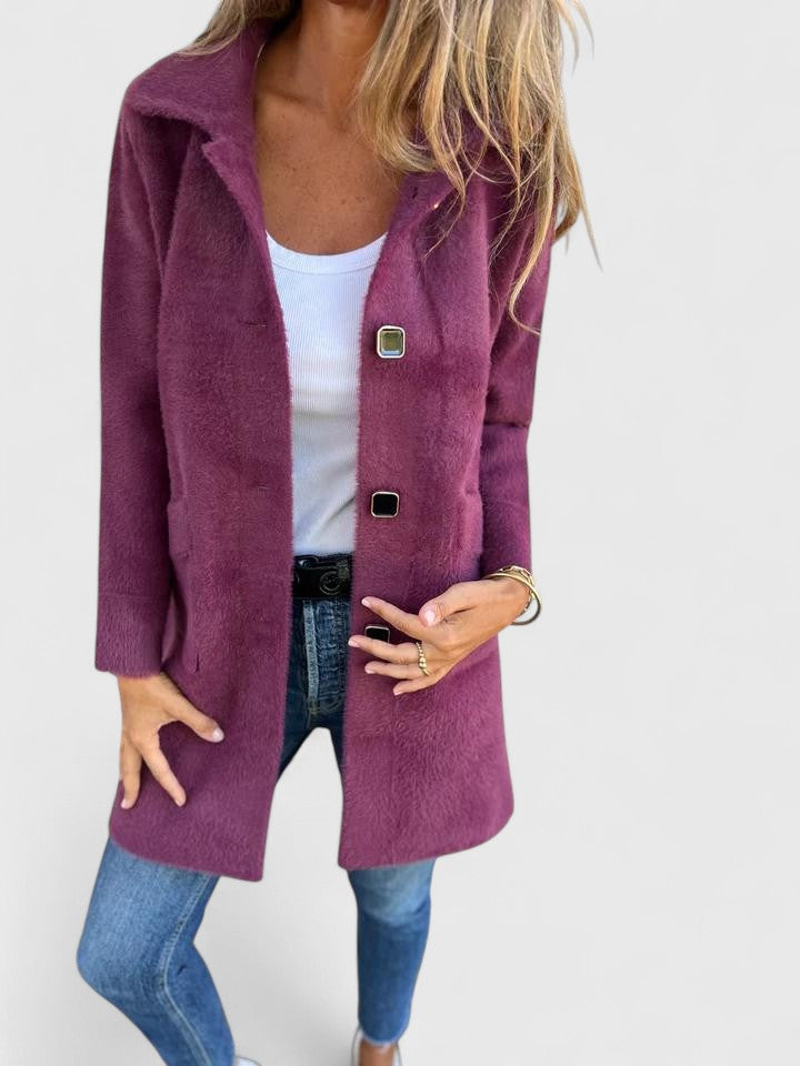 Purple suede-look button front coat with patch pockets, open front, long sleeves