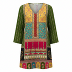 Women’s multicolor V-neck blouse with vertical print panels and three-quarter sleeves
