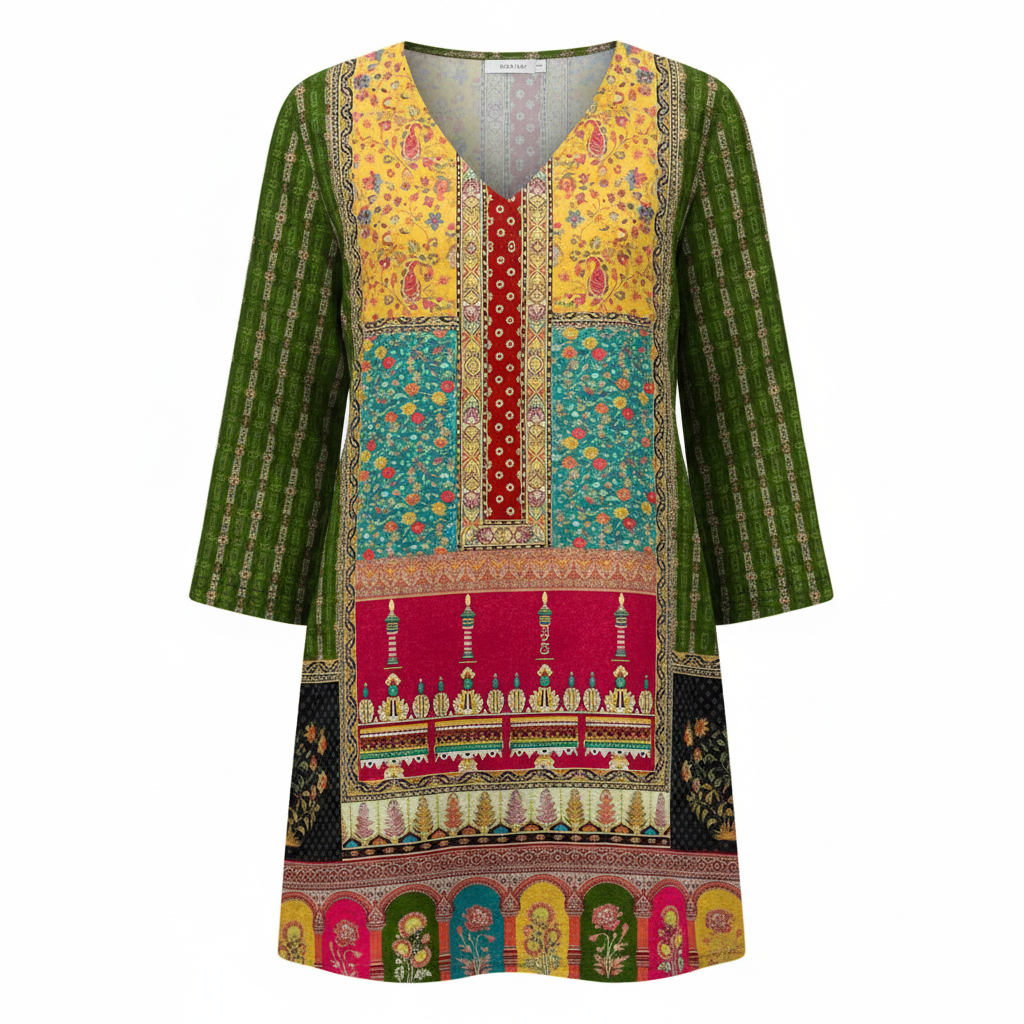 Women’s multicolor V-neck blouse with vertical print panels and three-quarter sleeves