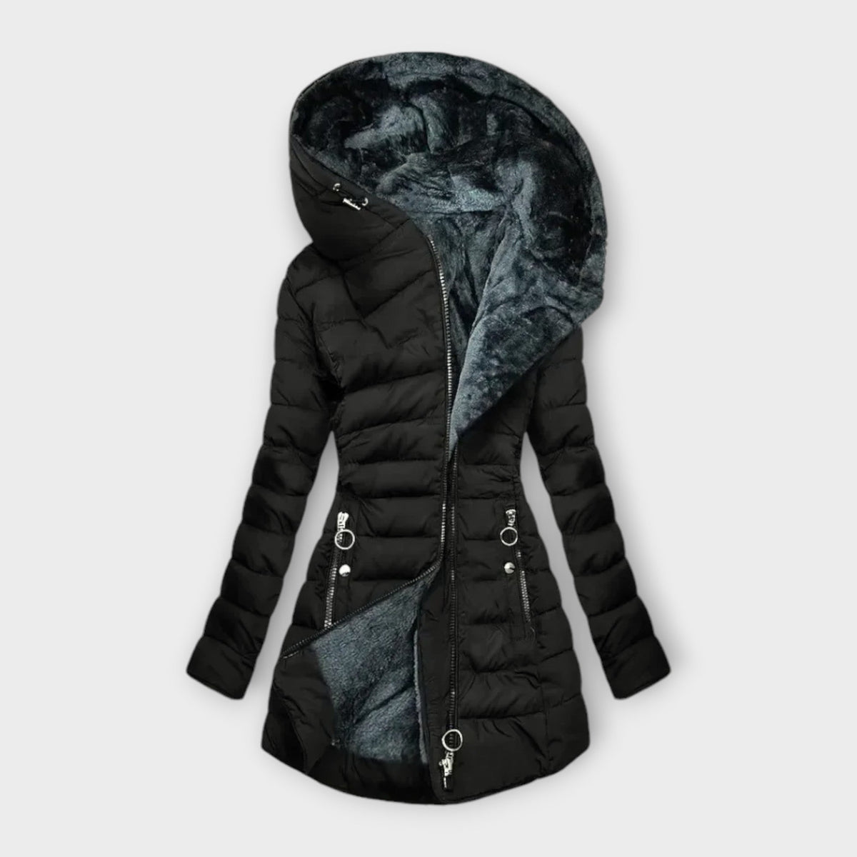 Black hooded puffer coat with full zip, front pockets, and faux fur lining