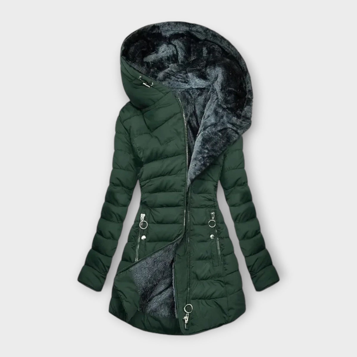 Dark green hooded puffer coat with full zip, front pockets, and faux fur lining