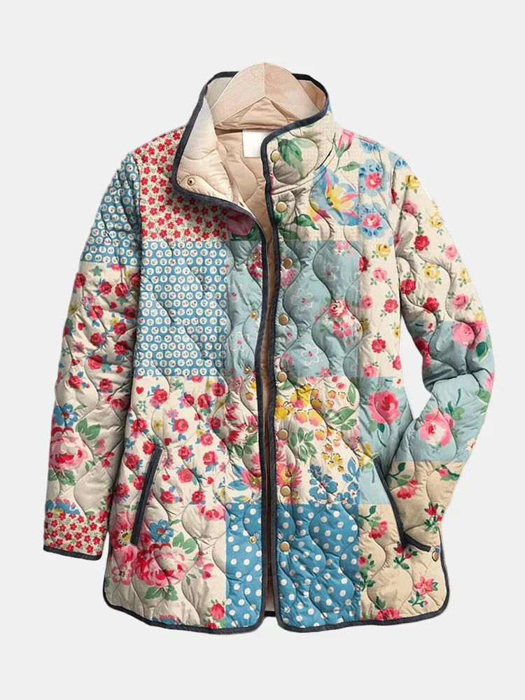 Emily™ multicolor floral quilted jacket with full zipper and stand collar