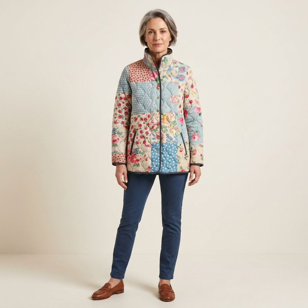 Women’s quilted floral bomber jacket, multicolor with zip front and ribbed cuffs