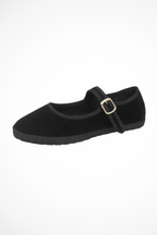 Black women's Mary Jane flat with round toe and buckle strap, suede-like upper.