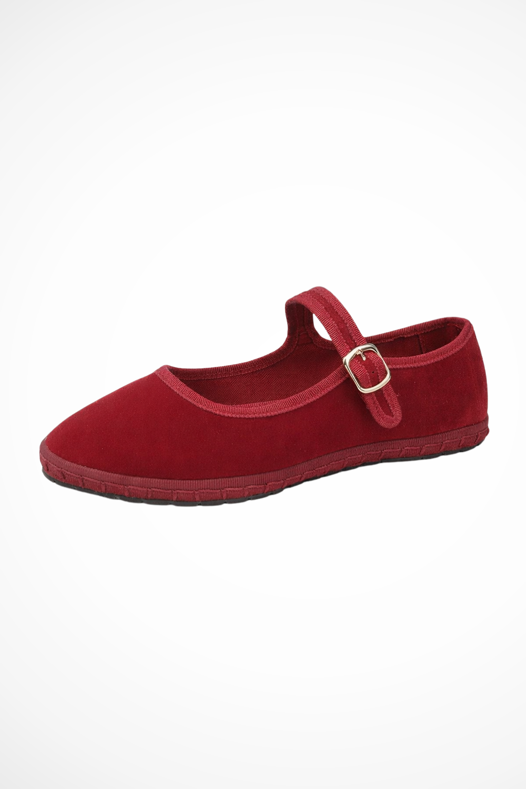 Red women's Mary Jane flat with round toe and buckle strap, suede-like upper.