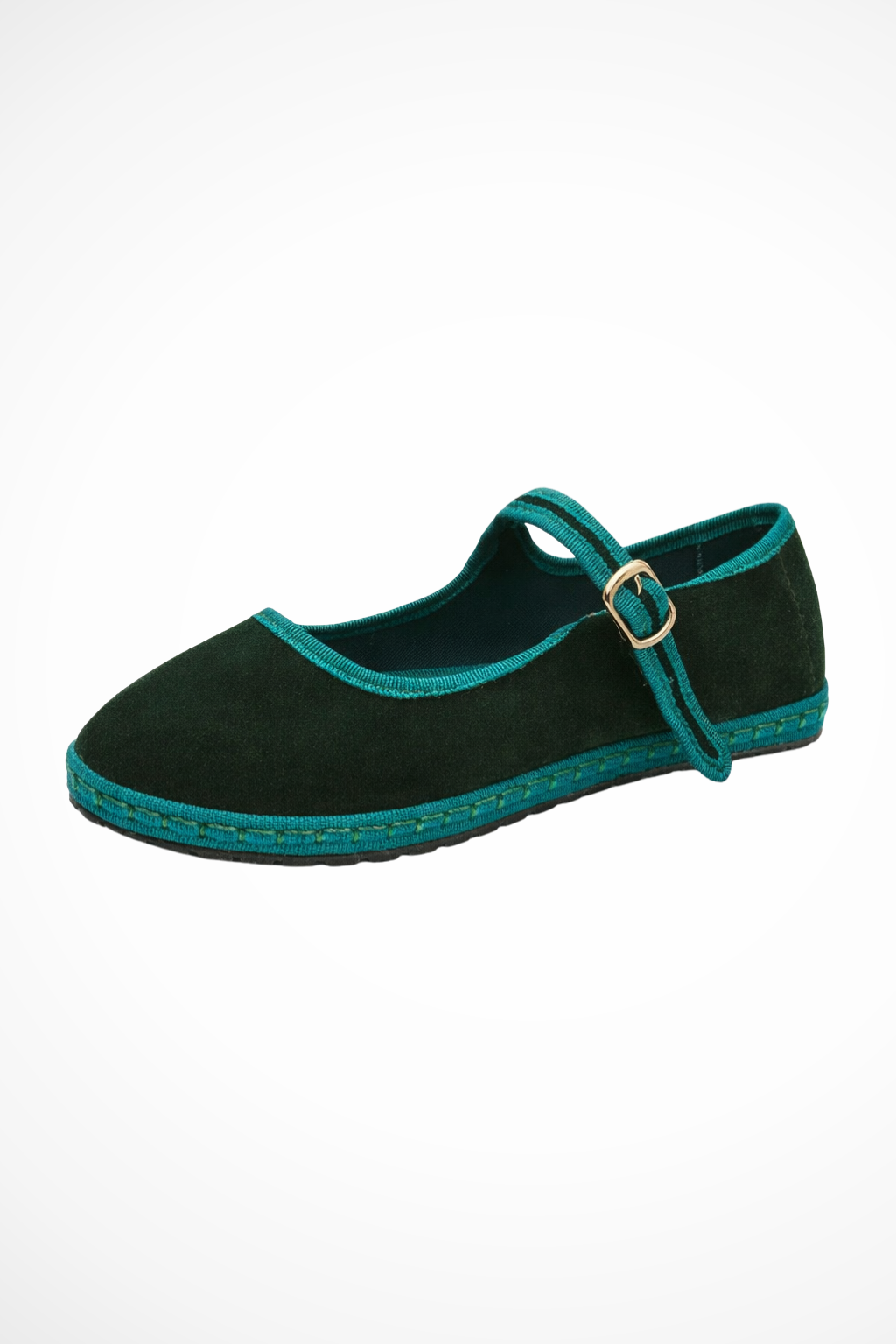 Women's round-toe Mary Jane ballet flats, green suede-like upper with teal trim and buckle strap.