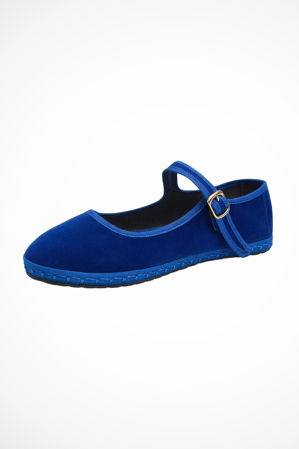 Blue women's Mary Jane flat with round toe and buckle strap, suede-like upper.