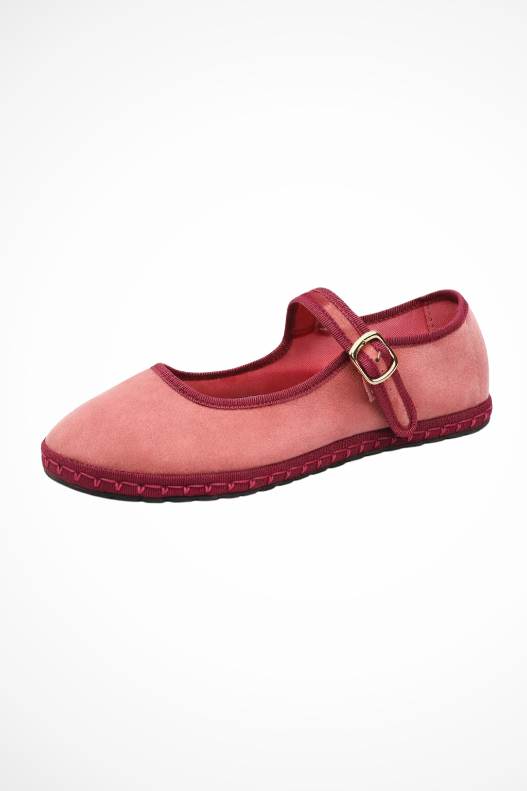 Pink women's Mary Jane flat with round toe and buckle strap, suede-like upper.