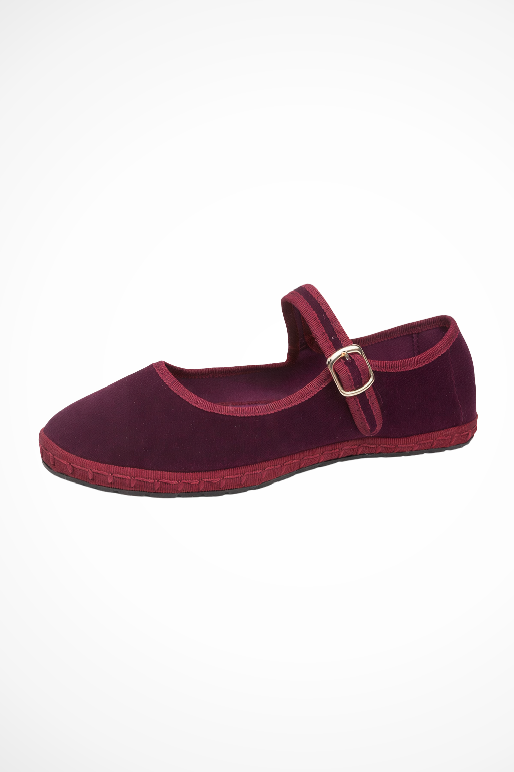 Burgundy women's Mary Jane flat with round toe and buckle strap, suede-like upper.