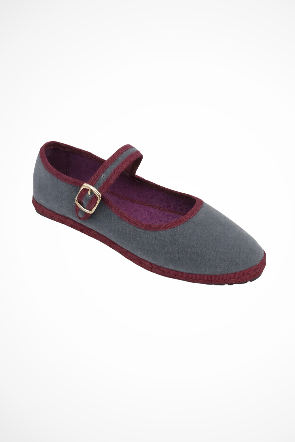 Gray suede-like Mary Jane flat with burgundy buckle strap and round toe, side view.