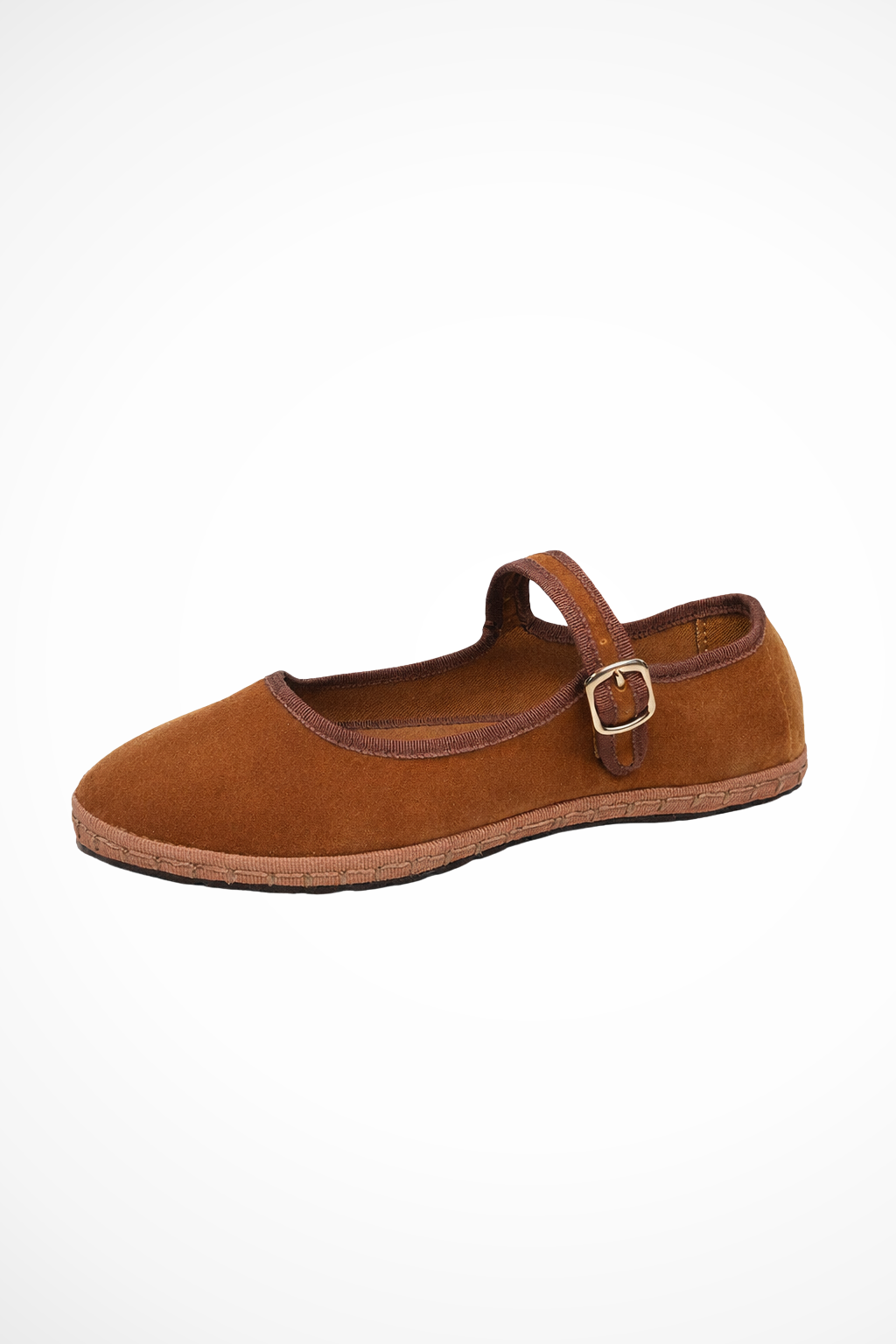 Brown women's Mary Jane flat with round toe and buckle strap, suede-like upper.