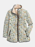 Quilted floral jacket with button front, hooded collar, and dark trim