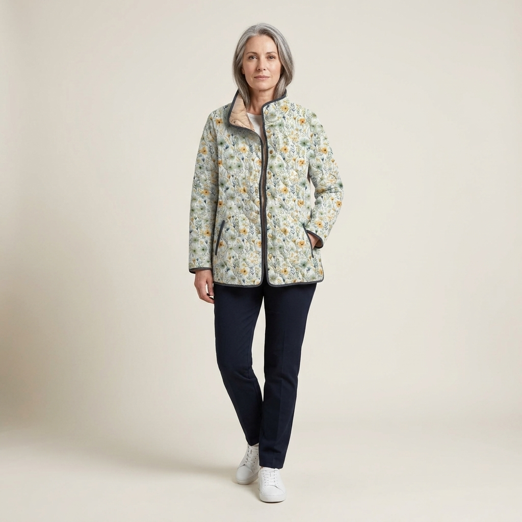 Women's floral print quilted puffer jacket with full-zip front and multicolor pattern