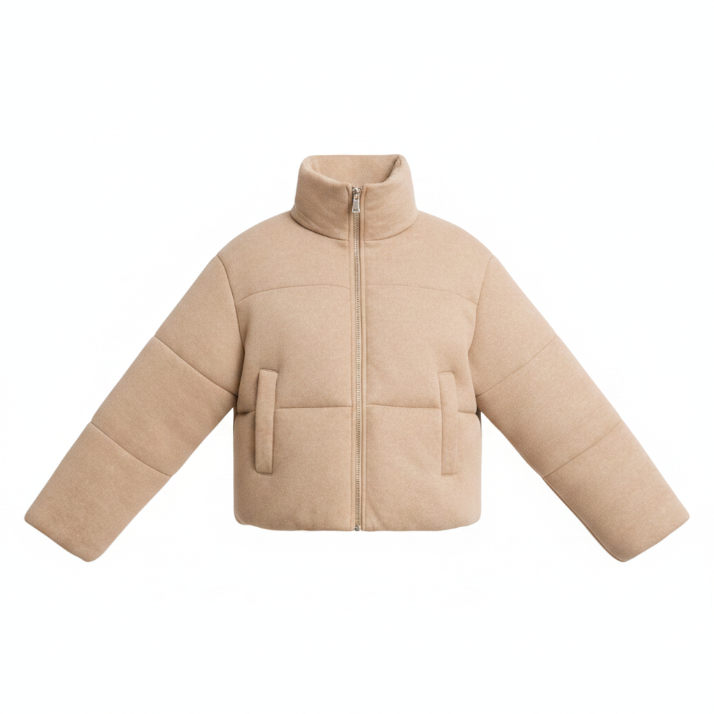 Beige short puffer jacket with high neck and full-zip front, side pockets.