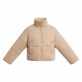 Beige short puffer jacket with high neck and full-zip front, side pockets.