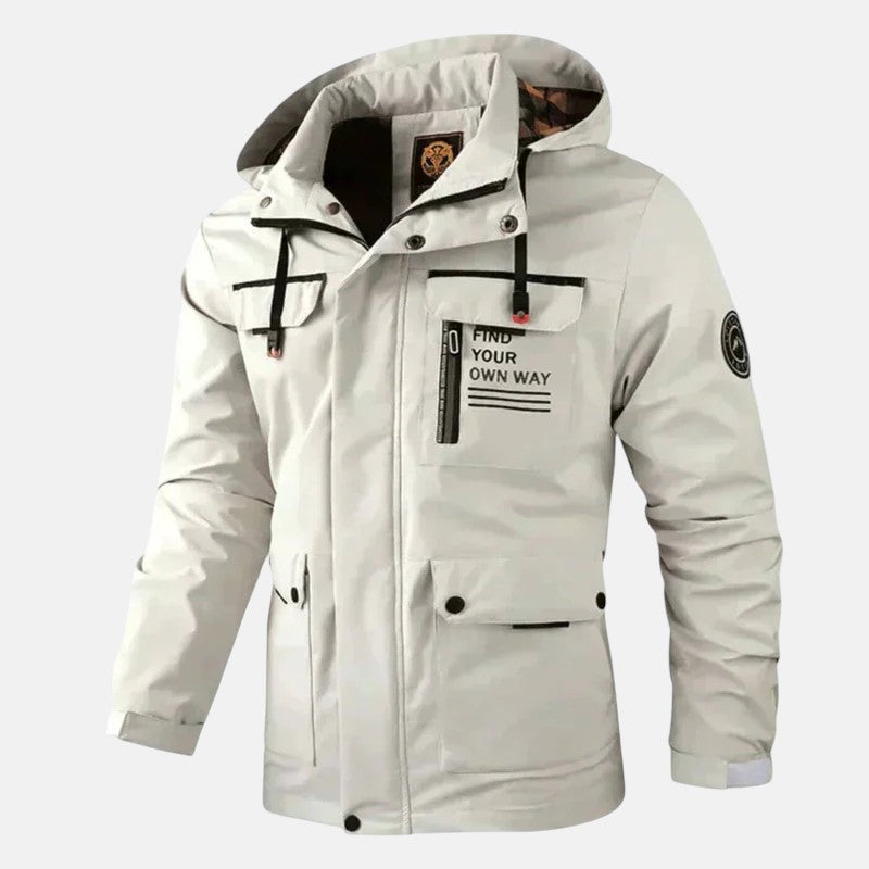 White hooded waterproof outdoor jacket with front zip and snap pockets