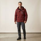Men's waterproof outdoor jacket, burgundy hooded coat with front pockets and zip