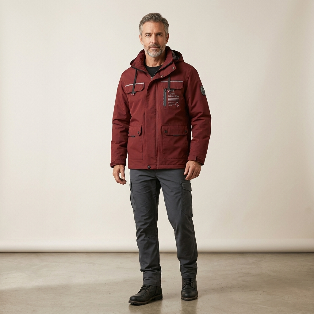 Men's waterproof outdoor jacket, burgundy hooded coat with front pockets and zip
