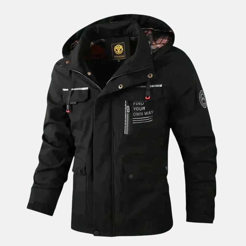 Black hooded waterproof outdoor jacket with front zip and snap pockets