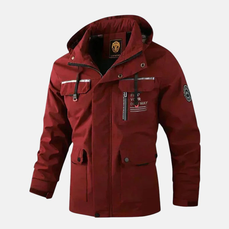 Red hooded waterproof outdoor jacket with front zip and snap pockets