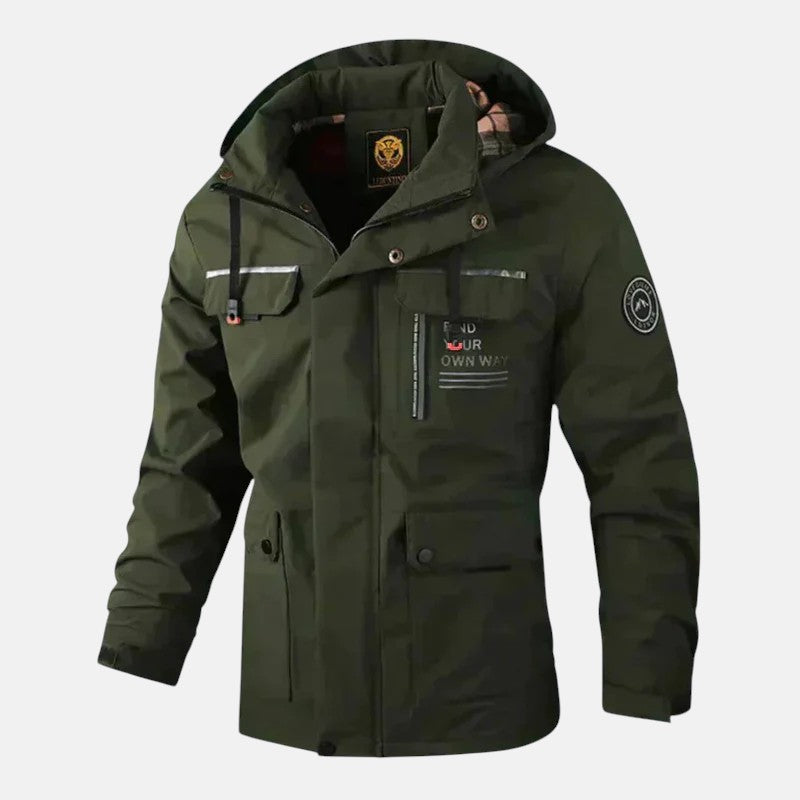 Dark green hooded waterproof outdoor jacket with front zip and snap pockets