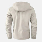 White waterproof jacket back view with attached hood and long sleeves