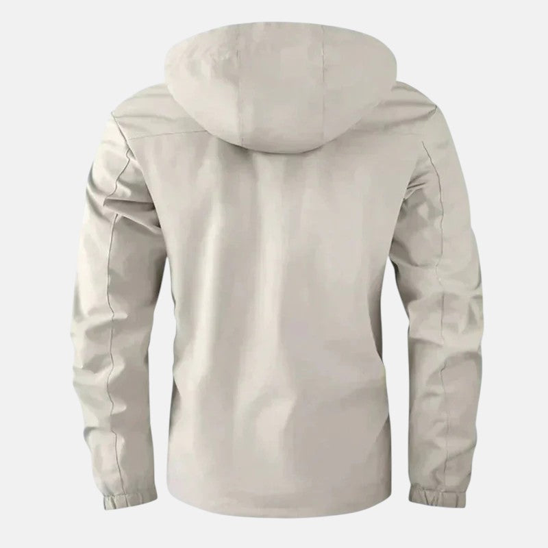 White waterproof jacket back view with attached hood and long sleeves