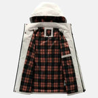 White jacket lining with dark plaid interior and front button placket