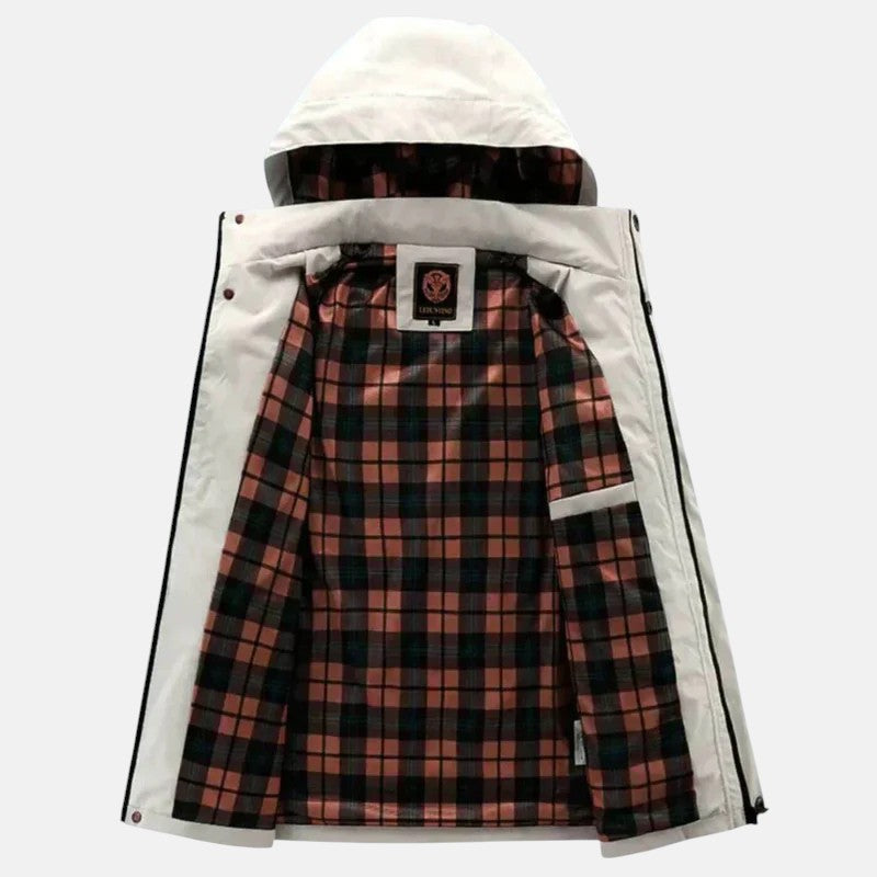 White jacket lining with dark plaid interior and front button placket