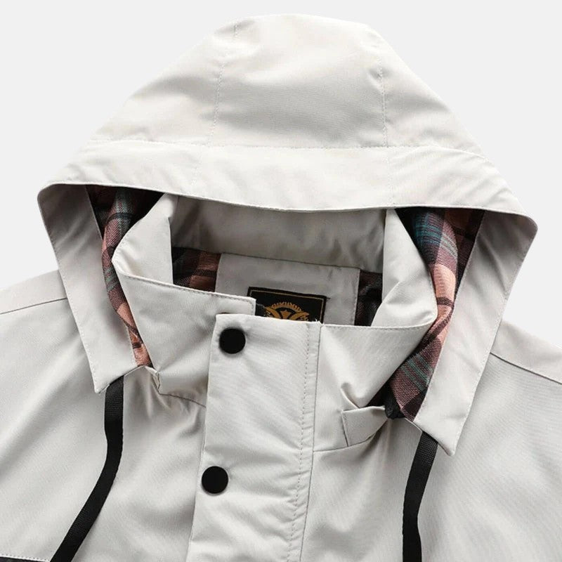 White jacket hood opening with plaid lining and snap button placket