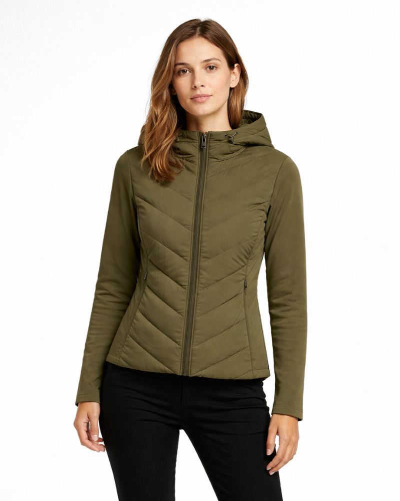 Lightweight hooded quilted jacket, green softshell with full-zip front