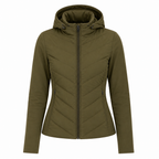 Women’s quilted softshell hooded jacket, olive green, full-zip front and adjustable drawcord