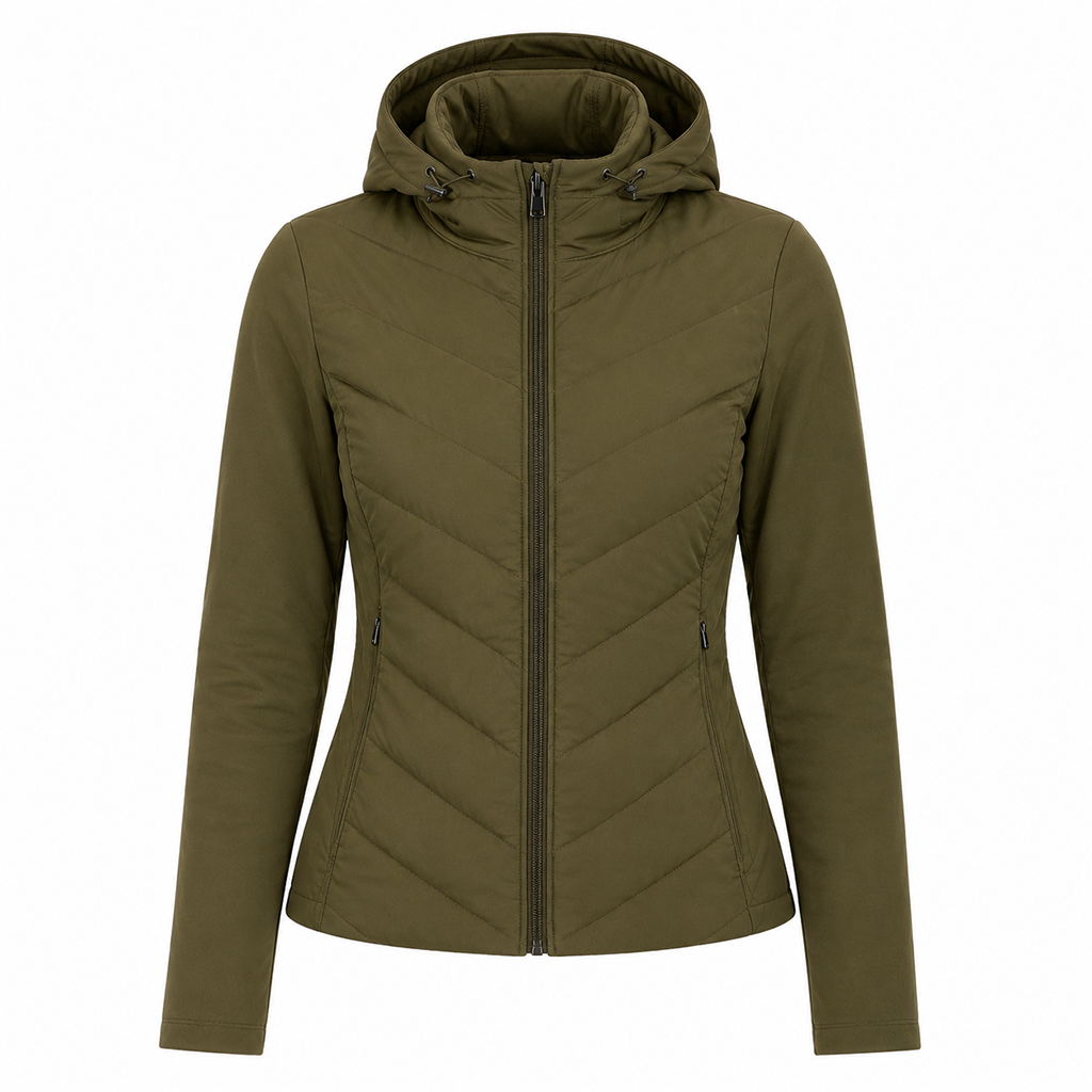 Women’s quilted softshell hooded jacket, olive green, full-zip front and adjustable drawcord