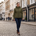 Women’s quilted hooded jacket in olive green, full-zip front, long sleeves, side view