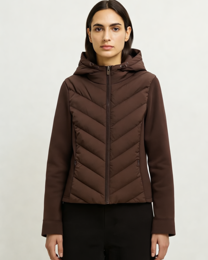Lightweight hooded quilted jacket, brown softshell with full-zip front