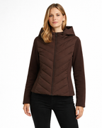 Lightweight hooded quilted jacket, dark brown softshell with full-zip front